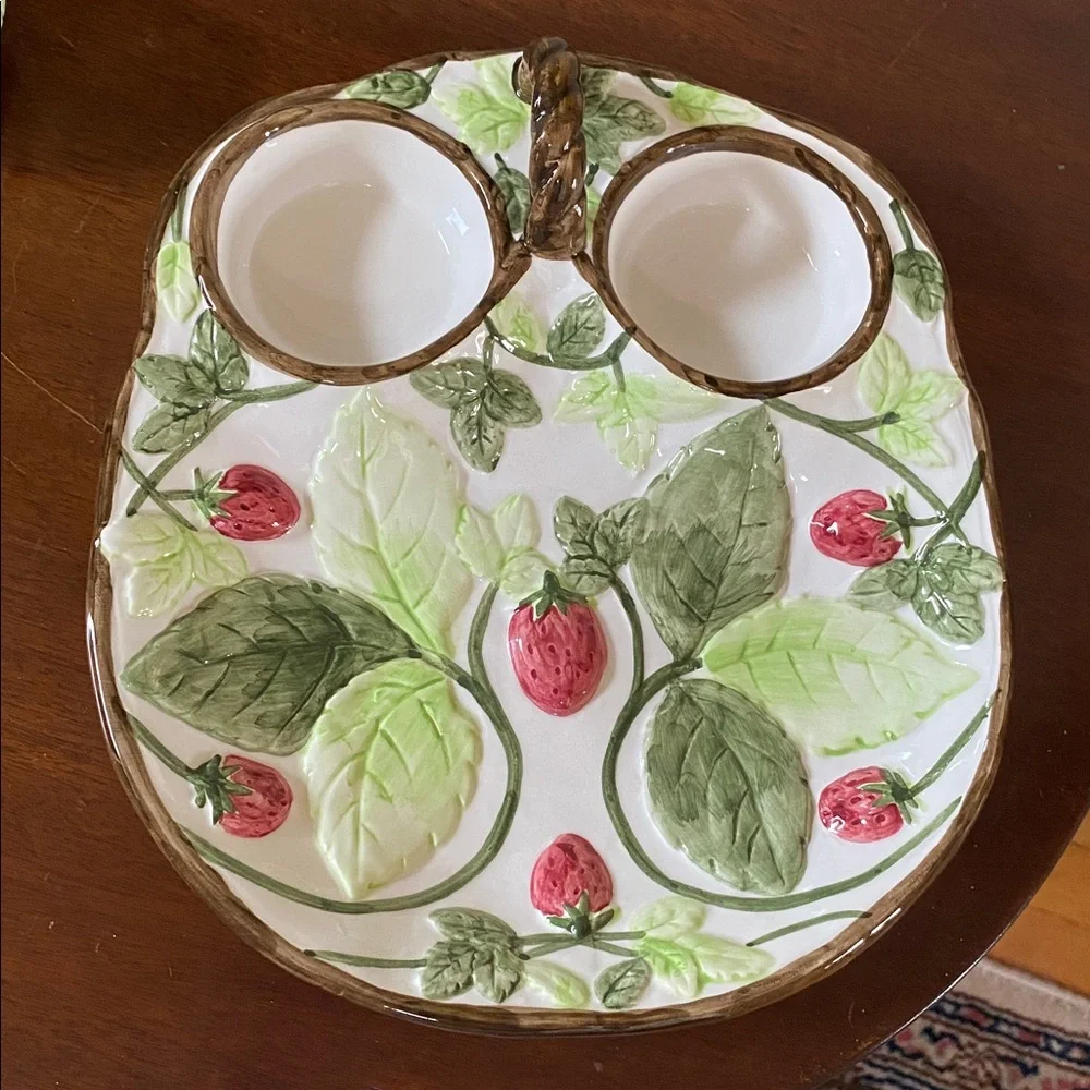 Tuscany Strawberry Ceramic Serving Tray Sugar Creamer Set Coffee Tea Server